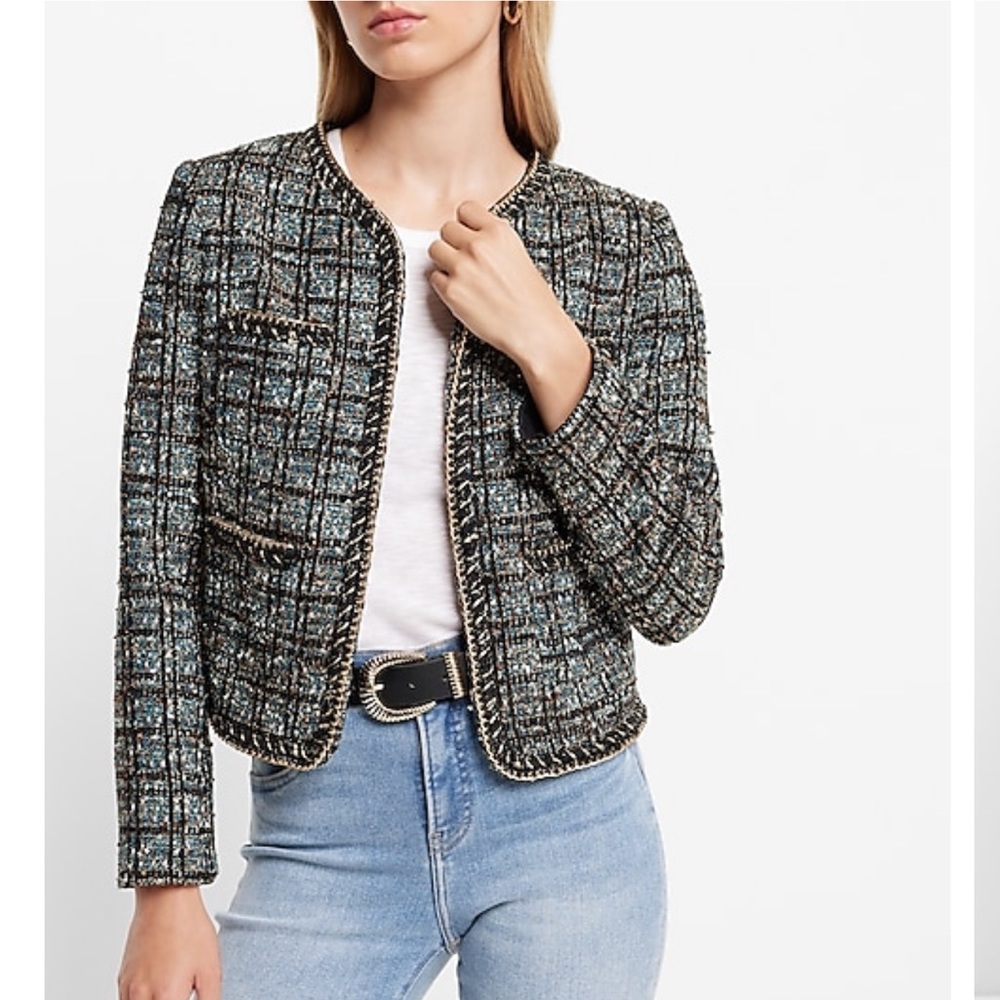 EXPRESS Metallic Plaid Gold Chain Tweed Jacket Coat Blazer Black Multi New S